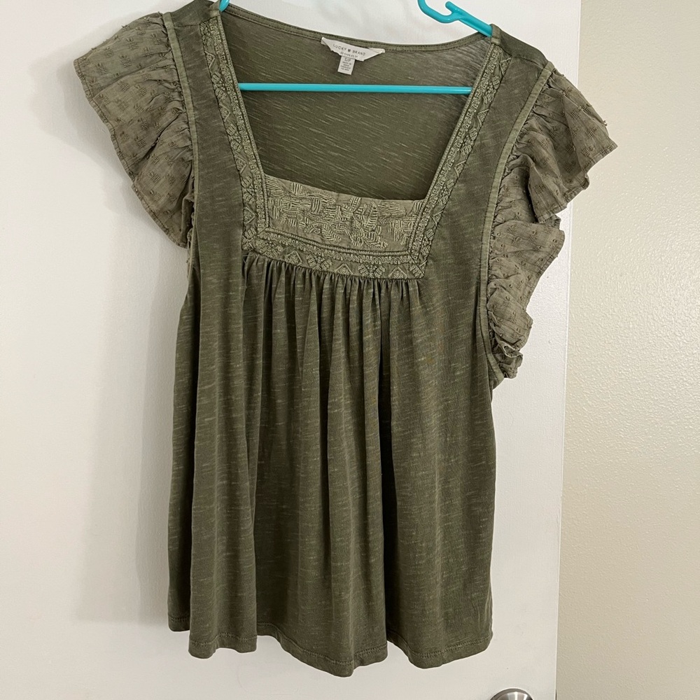 Lucky Brand Olive Flutter Sleeve Blouse